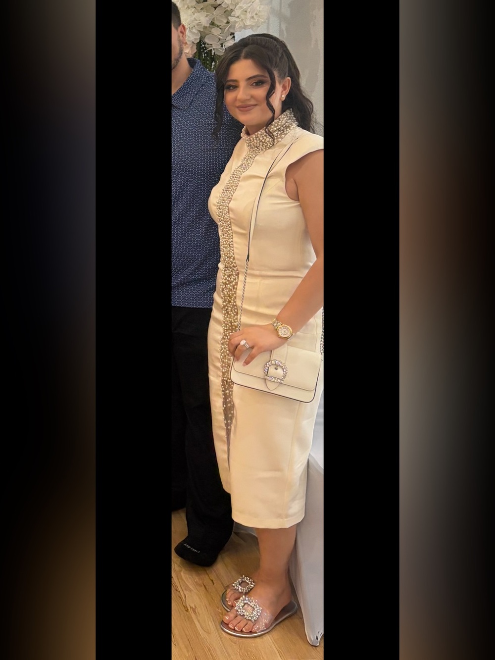 Elegant Ivory Pearl-Embellished Sheath Dress